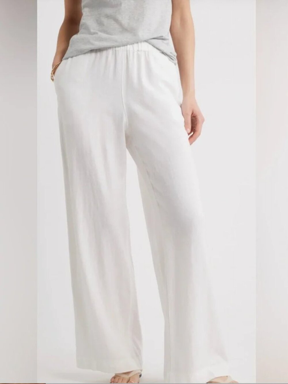 Caslon Women's Wide Leg Linen Blend Pants in White Large Petite Pull On